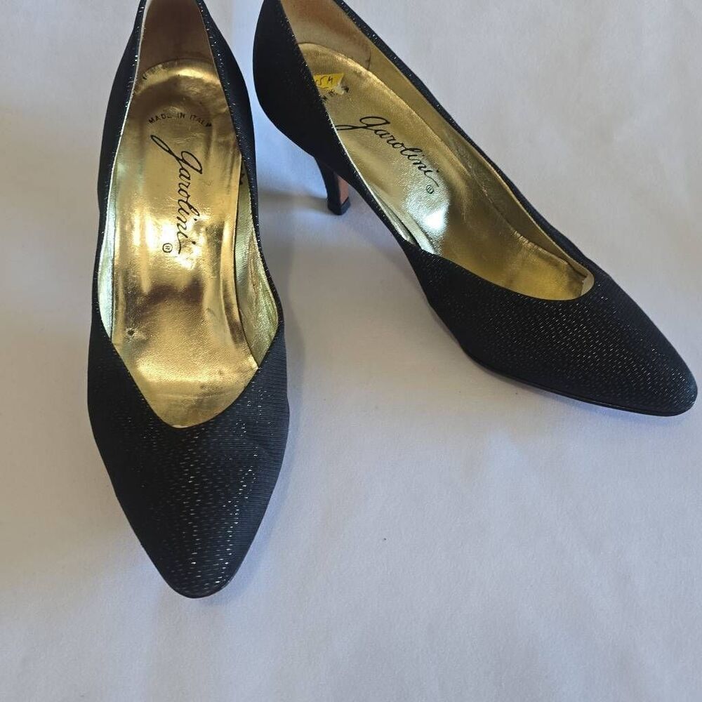 Vintage 1970's Garolini D'Orsay Heels. Sexy Black/Gold Satin, EUC,  6.5 M.